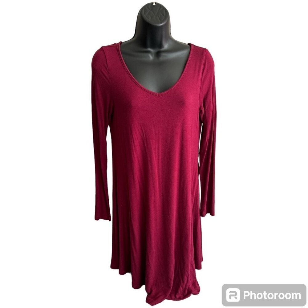 DEARCASE Women's Long Sleeve V-Neck Loose Flow T Shirt Dress Red/Maroon Medium